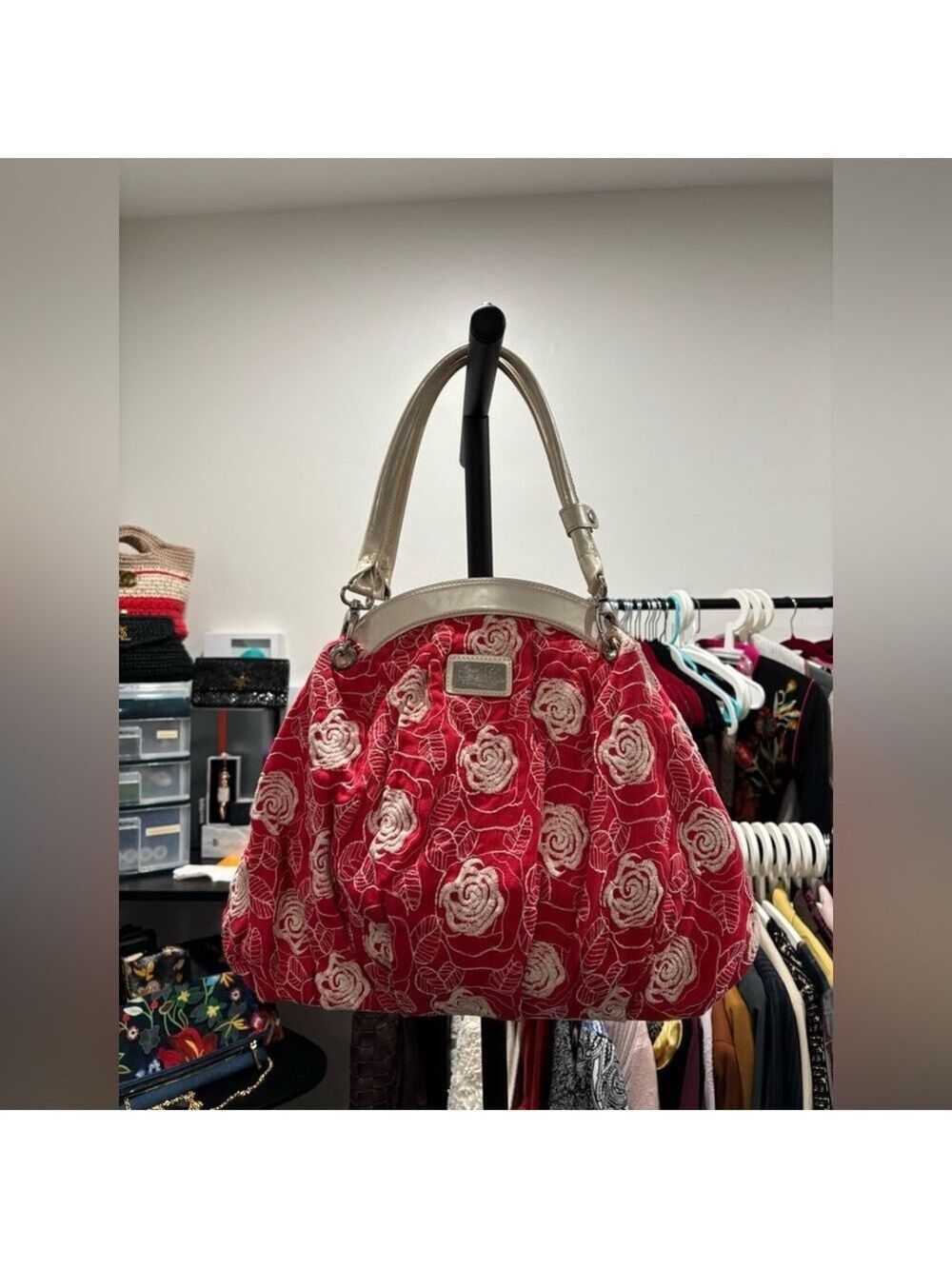 577. Beijo Red Floral Fabric With Patent Leather Trim Handbag